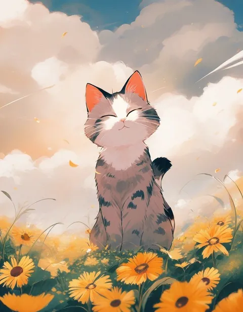 An anime kitten sitting behind yellow wildflowers under a cloudy sky