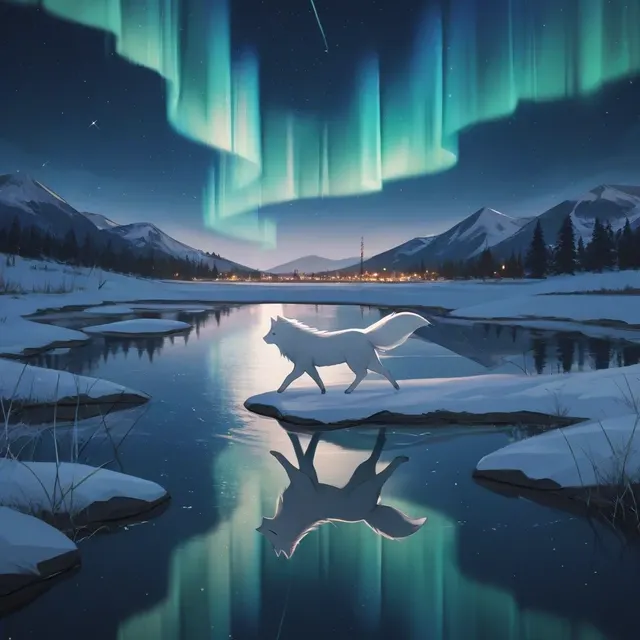 A white arctic fox under green northern lights reflected in still water