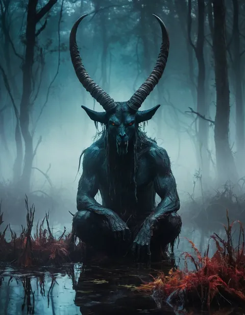 A horned demon crouched in a foggy swamp, painted with loose brushwork