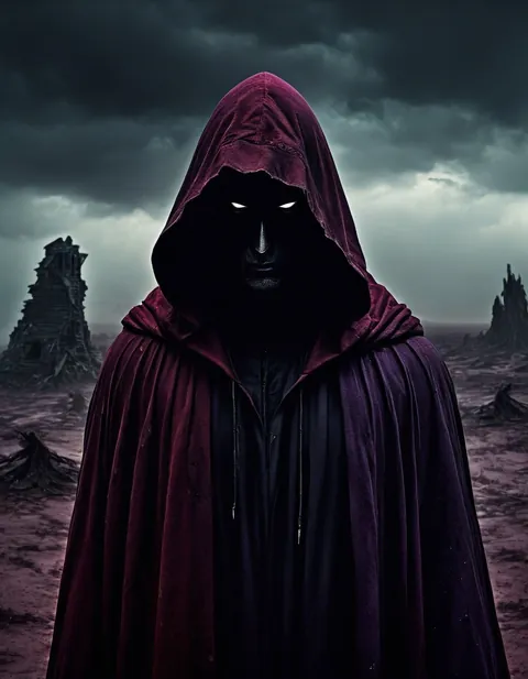 A dark hooded figure in tattered robes standing alone in a ruined landscape, its face hidden in shadow